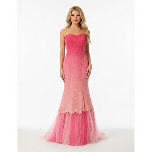 Beaded Strapless Pink Ombre Prom Dress